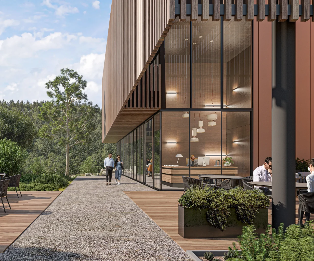 Actif immobilier d’entreprise développé par Vectura Immobilier avec terrasse et intégration paysagère