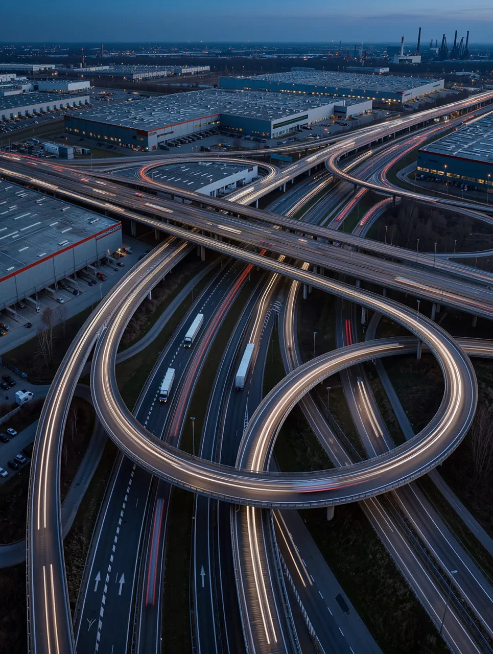Échangeur autoroutier connecté à une zone logistique avec accès direct aux infrastructures de transport