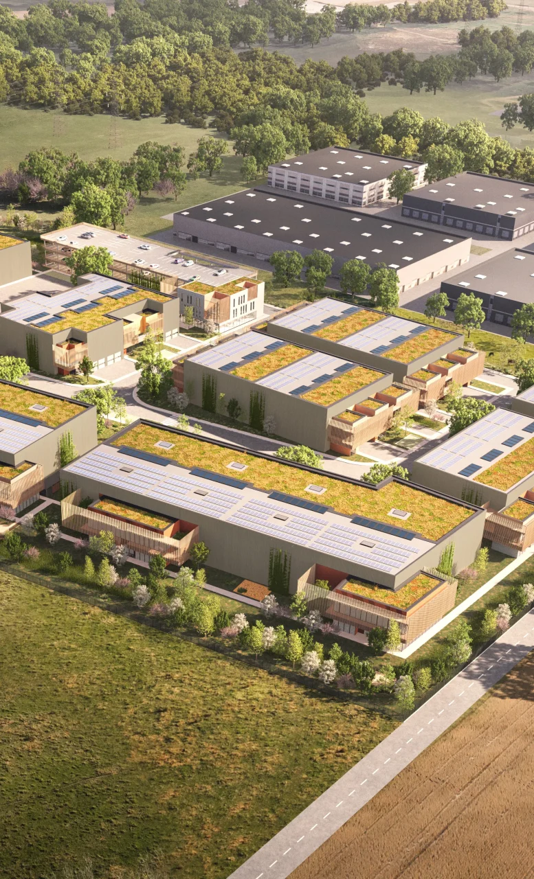Parc d'activités innovant intégrant toitures végétalisées et panneaux solaires dans une démarche d’immobilier d’entreprise durable