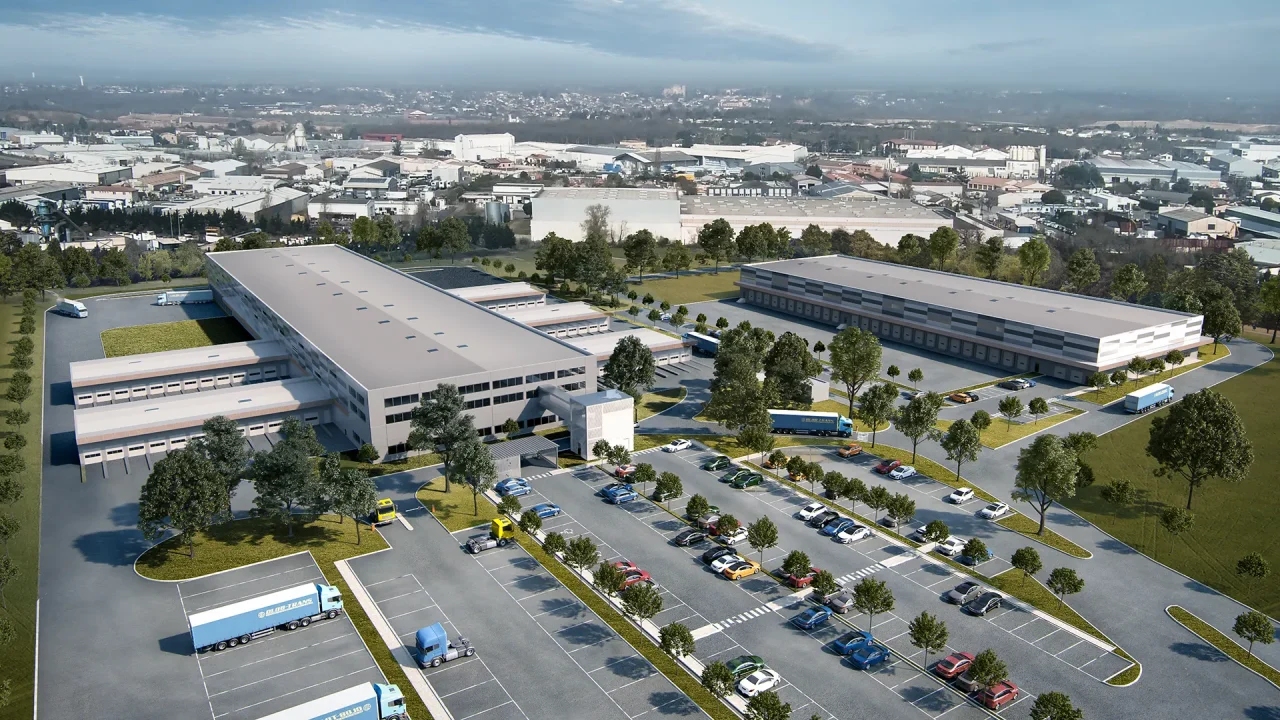 Vue aérienne du parc logistique last mile de Colomiers avec deux bâtiments de messagerie