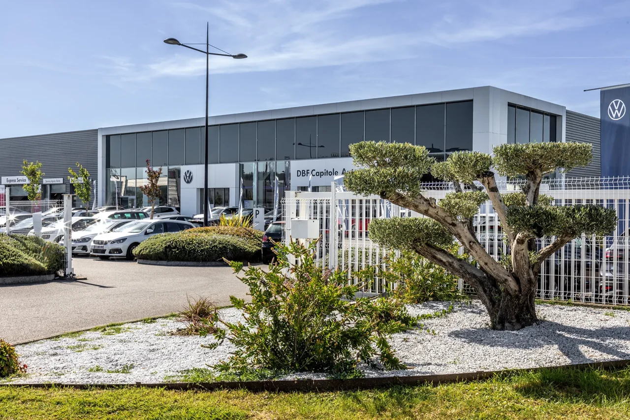 Aménagement paysager avec arbre taillé et accès parking devant bâtiment commercial à Toulouse route d’Espagne
